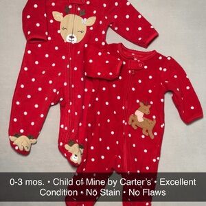 2 pieces of 0-3 Months Child of Mine by Carter's Red Reindeer Footies